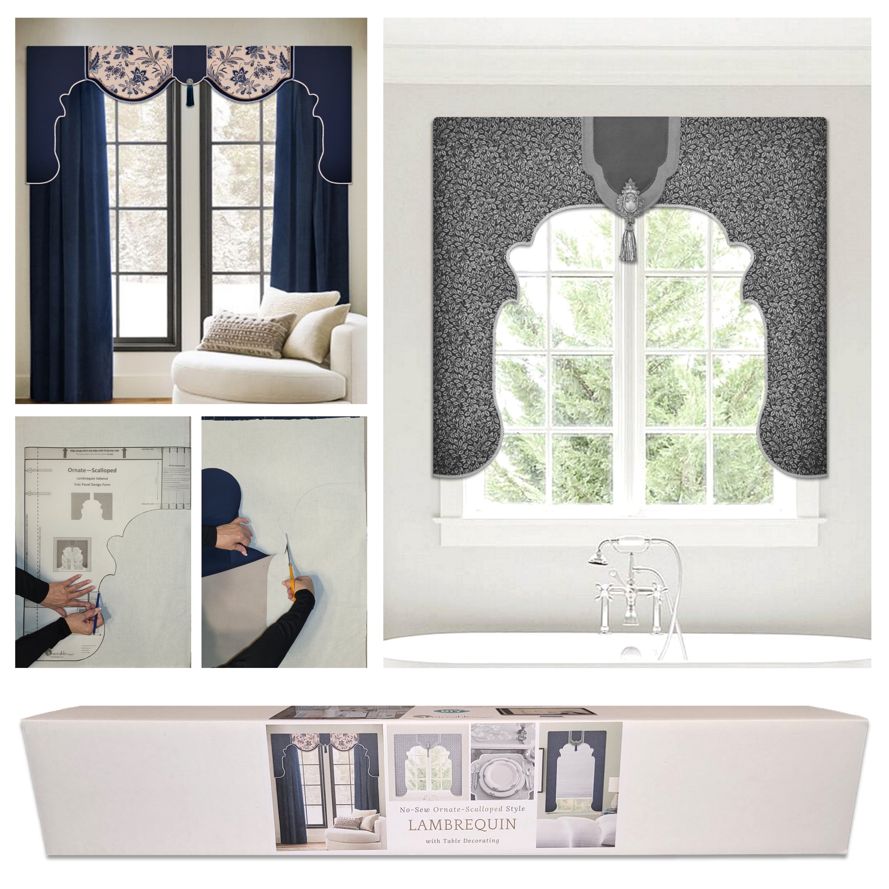 Traceable Designer ornate scalloped lambrequin valance kit includes traceable no-sew valance design forms used to make custom valances without sewing! Fit all window sizes and bay windows.
