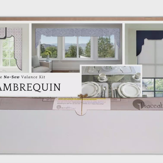 Traceable Designer straight style lambrequin cornice valance kit includes traceable forms used to make custom valances without sewing, just trace, cut out, and hang using a 1" curtain rod!