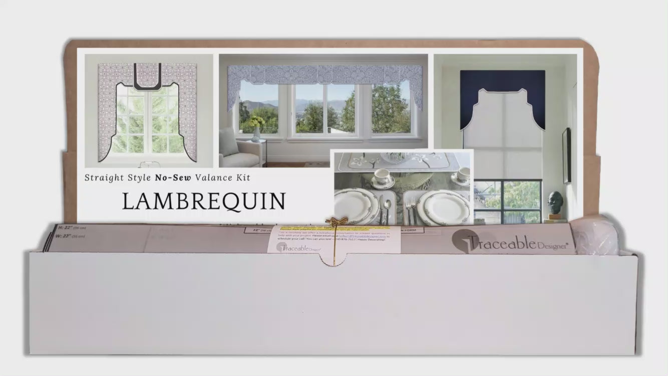 Traceable Designer straight style lambrequin cornice valance kit includes traceable forms used to make custom valances without sewing, just trace, cut out, and hang using a 1" curtain rod!