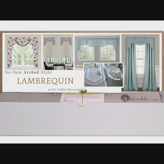 Traceable Designer arched style no-sew lambrequin valance kit, make custom cornice style lambrequin valance without sewing, trace, cut out & hang! Fit all window sizes.