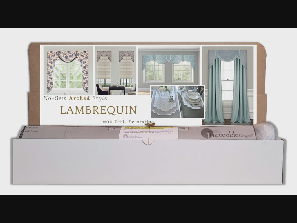 Traceable Designer arched no-sew rod pocket valance kit. Lined Lambrequin cornice styles are great for room darkening. Traceable design forms are the perfect sewing alternative for DIY projects. Use a standard curtain rod. Fit all window sizes.