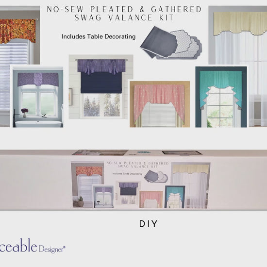 Traceable Designer no-sew pleated and gathered swa valance kit. Make custom long jabots styles, short curtains, and cornice valances without sewing. Lined panels include a rod pocket for hanging on a curtain rod. Fit all window sizes and styles. The ultimate sewing alternative. 