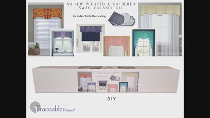 Traceable Designer no-sew pleated and gathered swa valance kit. Make custom long jabots styles, short curtains, and cornice valances without sewing. Lined panels include a rod pocket for hanging on a curtain rod. Fit all window sizes and styles. The ultimate sewing alternative. 