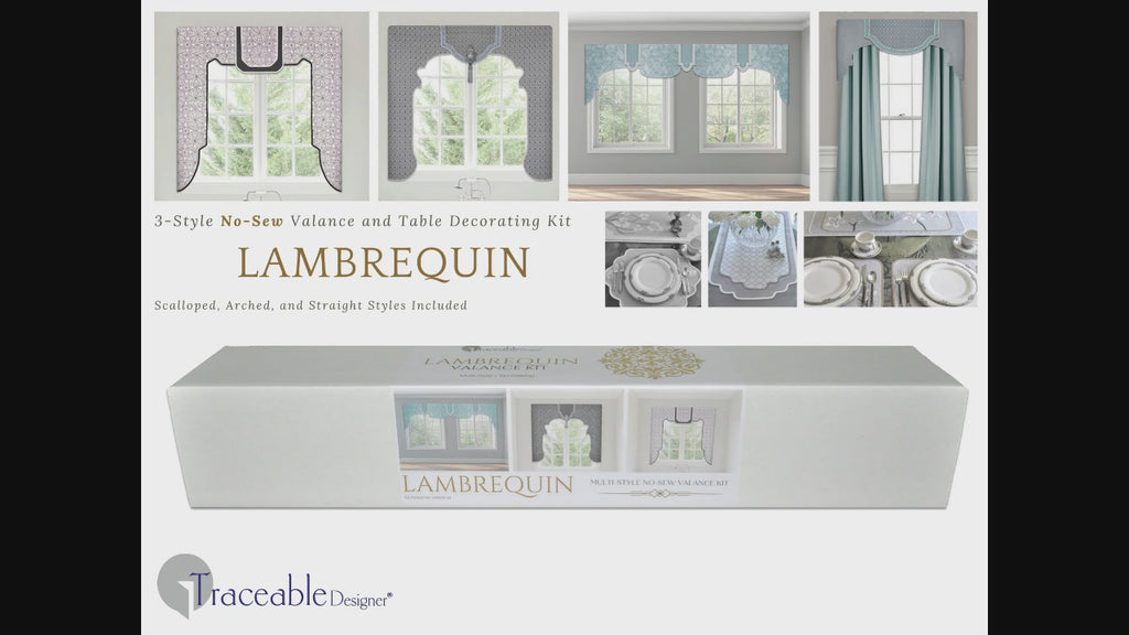 Traceable Designer multi-style lambrequin cornice valance kit. Make rod pocket curtains for elegant, boho, modern, traditional decor. No-sew design forms are the perfect sewing alternative for DIY custom window projects. The perfect window topper for louvered blinds, shades, drapes, curtains.
