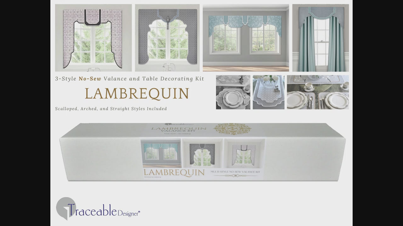 Traceable Designer multi-style lambrequin cornice valance kit. Make rod pocket curtains for elegant, boho, modern, traditional decor. No-sew design forms are the perfect sewing alternative for DIY custom window projects. The perfect window topper for louvered blinds, shades, drapes, curtains.
