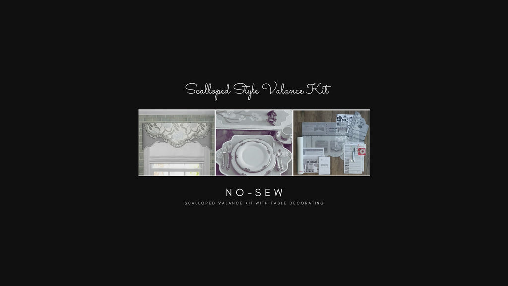 Traceable Designer no-sew scalloped style valance kit. Make rod pocket curtains for kitchen, bedroom, living room. The perfect sewing alternative for DIY custom window projects. Use valances over drapes, shades, louvered blinds.