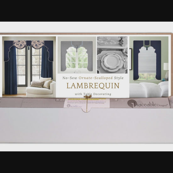Traceable Designer ornate scalloped lambrequin valance kit includes traceable no-sew valance design forms used to make custom valances without sewing! Fit all window sizes and bay windows.