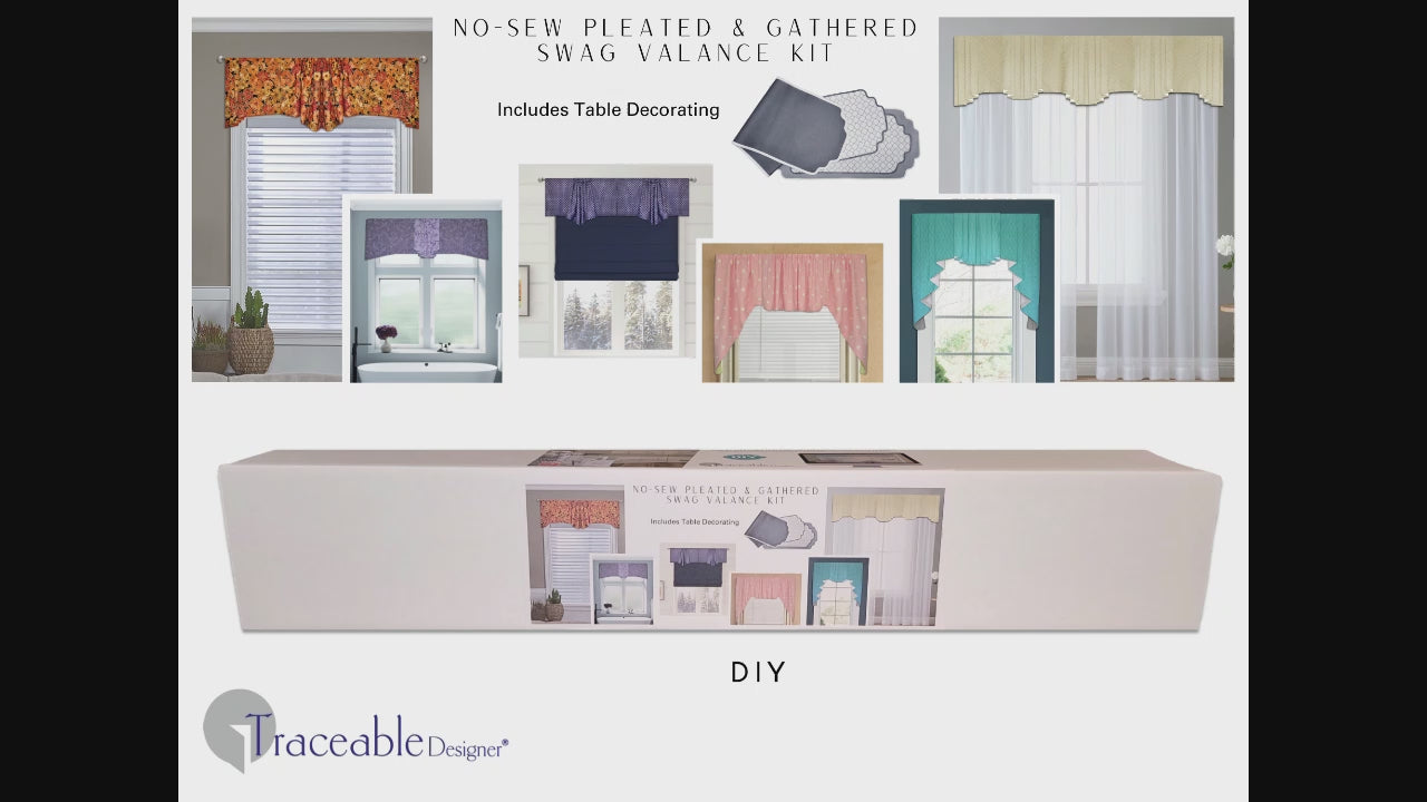 Traceable Designer no-sew pleated and gathered swag curtain valance kit includes unique interchangeable panels to fit any window size. Make custom swag valances without sewing!