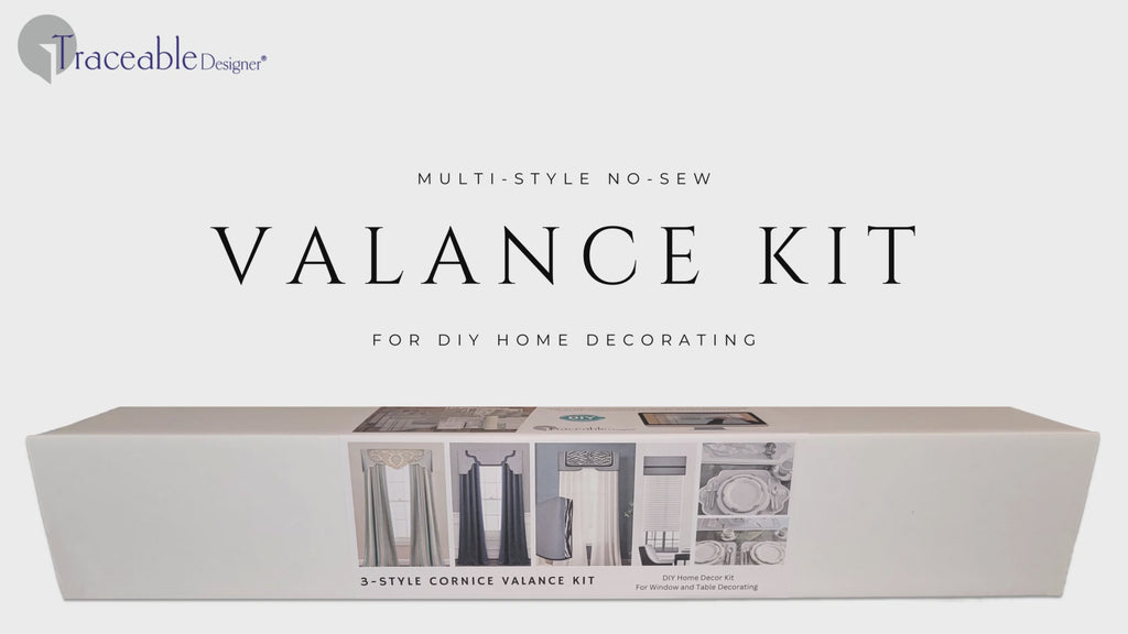Traceable Designer multi-style no-sew cornice valance kit. Make custom curtains without sewing. Lined panels include a rod pocket for hanging on a curtain rod. Fit all window sizes and styles. Room darkening valance is perfect for traditional, modern, contemporary , farmhouse decor.