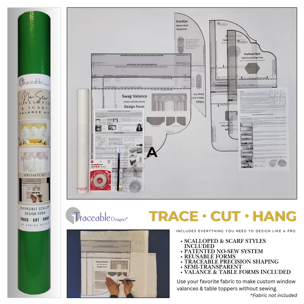 Traceable Designer no-sew scalloped & scarf valance kit for custom window decorating without sewing. Create trendy valances for large or small windows. Use a standard curtain rod. 