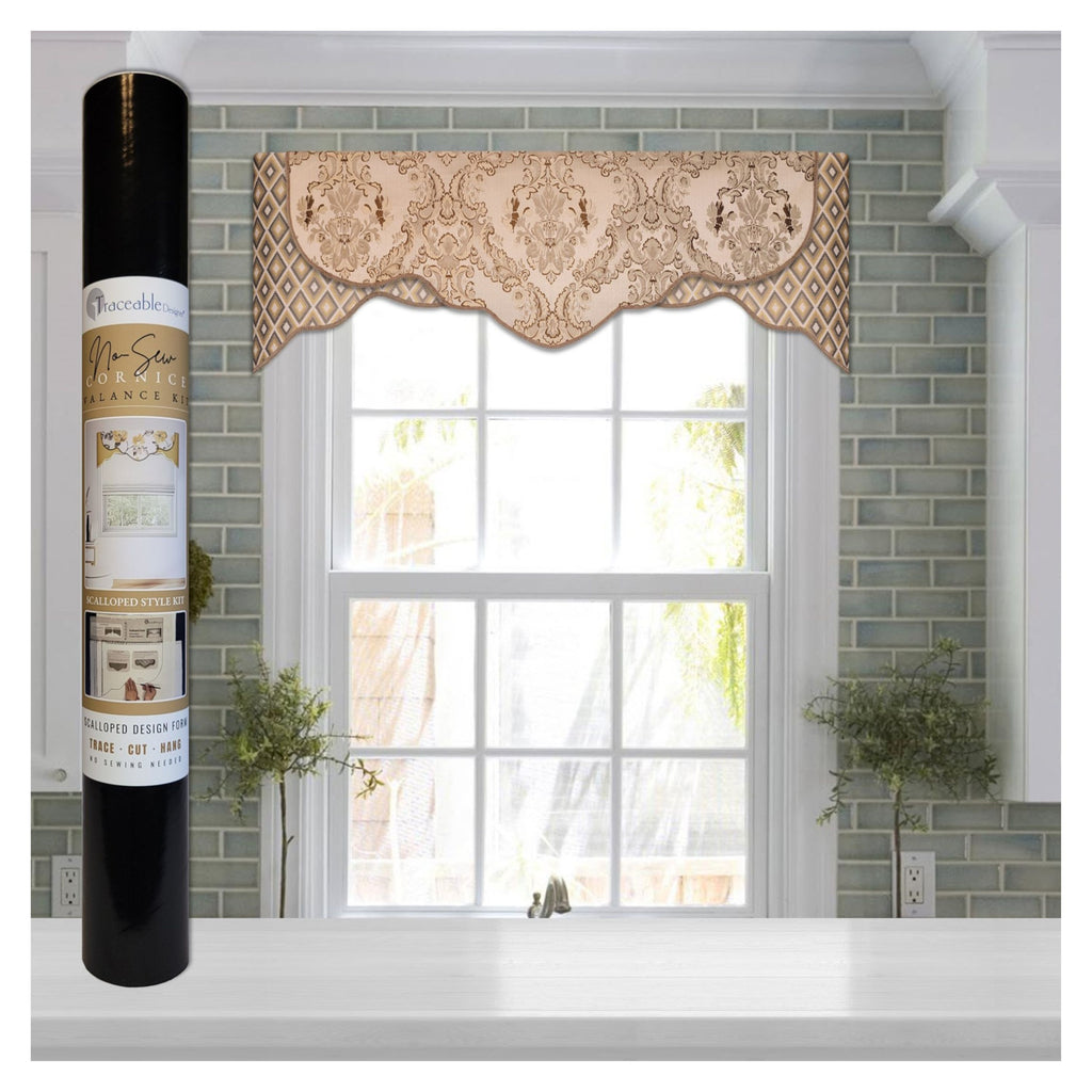 Traceable Designer scalloped style no-sew valance kit. Make perfectly shaped rod pocket valances for kitchen, bedroom, living room. The perfect sewing alternative for DIY custom window projects. Use a standard curtain rod – no wood board or Styrofoam base needed. Reusable for unlimited window decorating. 