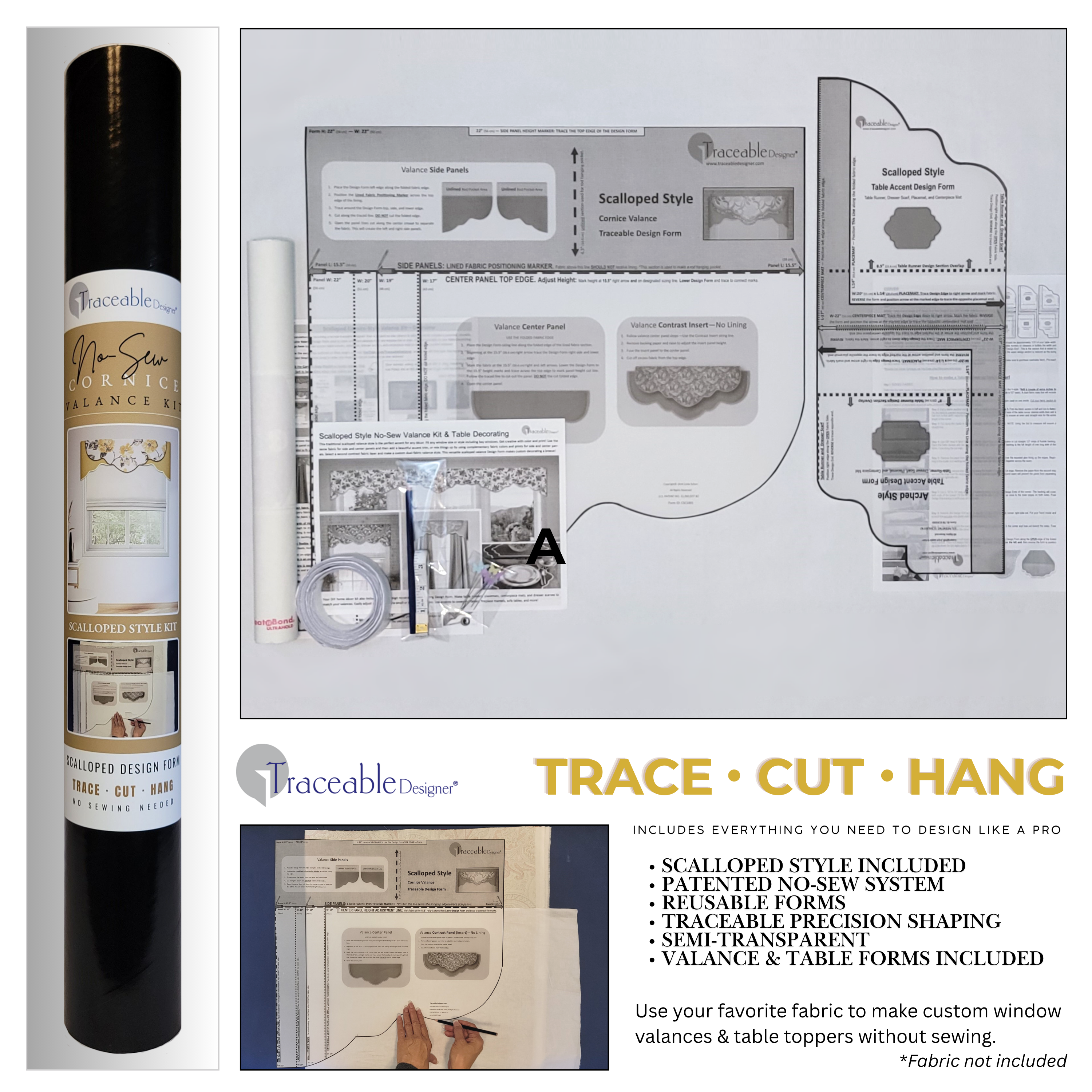 Traceable Designer scalloped style no-sew rod pocket valance kit. Lined cornice-style valances are the perfect toppers for sliding-glass-doors, shades, or curtains. Reusable traceable forms – sewing alternative for DIY projects. Use a standard curtain rod. Fit all window sizes. 