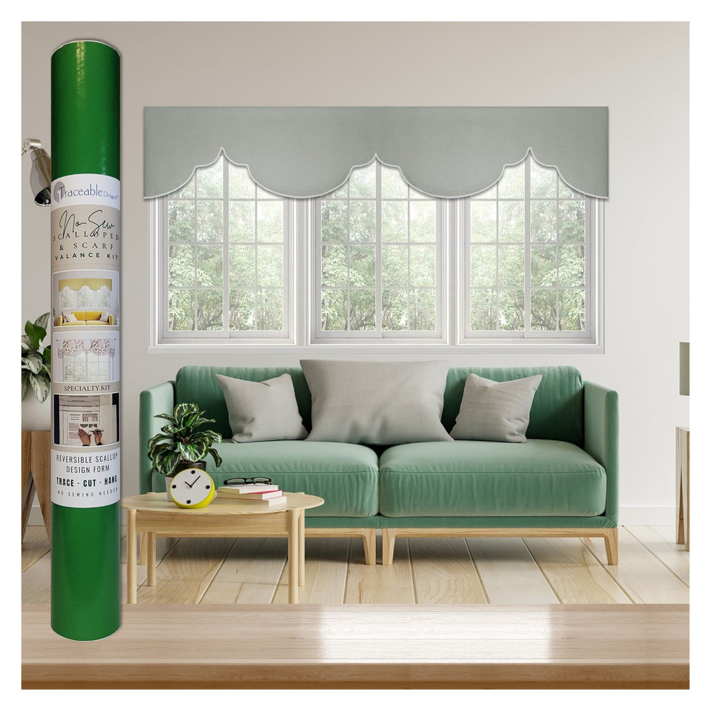 Traceable Designer no-sew scalloped & scarf valance kit for custom window decorating without sewing. Create trendy valances for large or small windows. Use a standard curtain rod. Get precision shaping without a sewing machine.