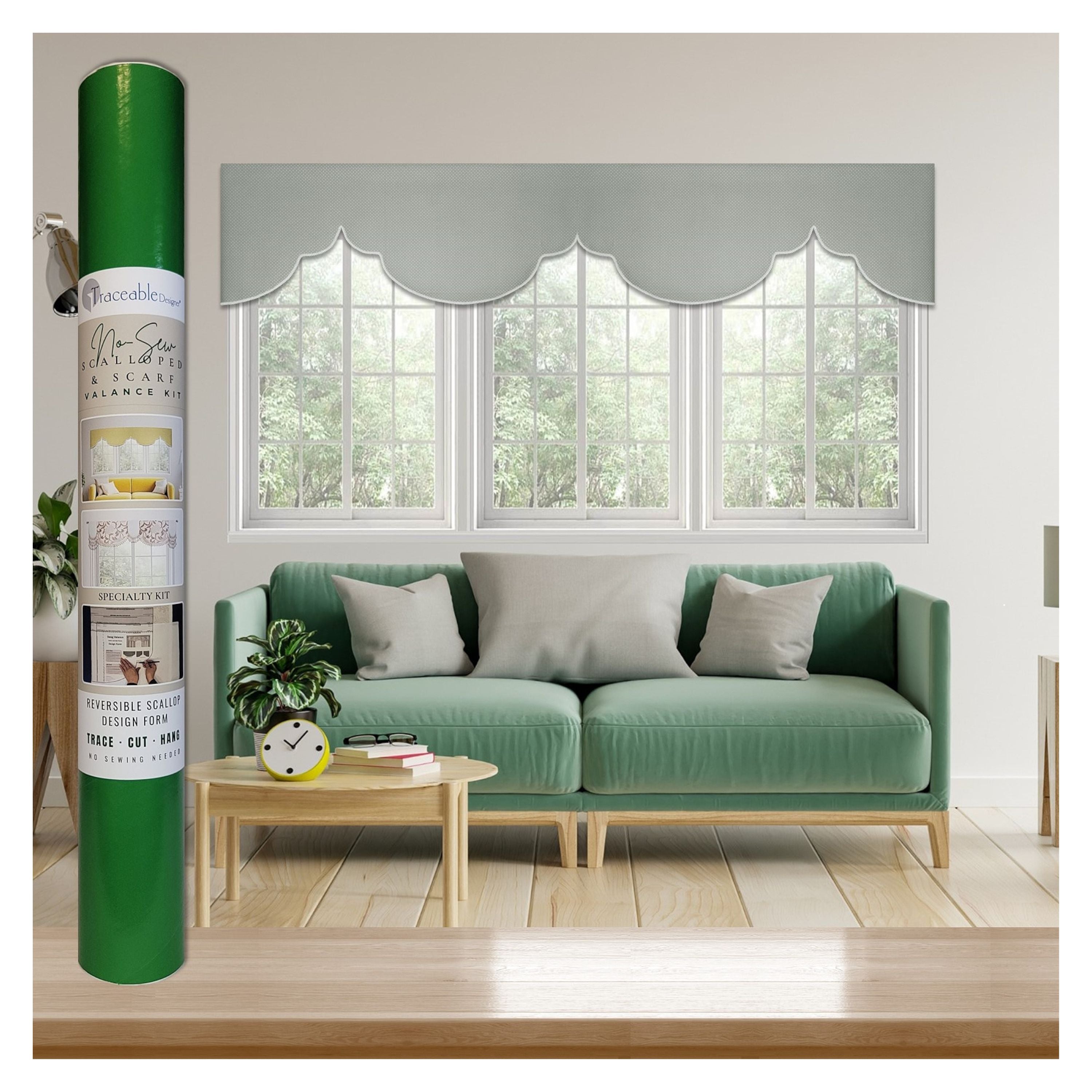 Traceable Designer no-sew scalloped & scarf valance kit for custom window decorating without sewing. Create trendy valances for large or small windows. Use a standard curtain rod. Get precision shaping without a sewing machine.