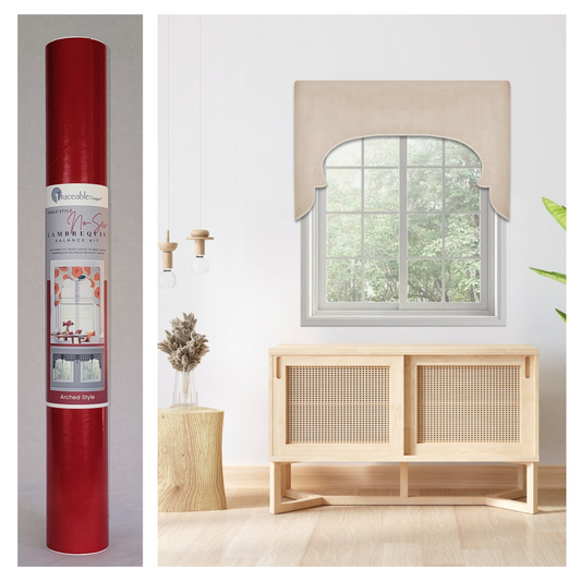 Traceable Designer arched no-sew rod pocket valance kit. Lined Lambrequin cornice styles are great for room darkening. Traceable design forms are the perfect sewing alternative for DIY projects. Use a standard curtain rod. Fit all window sizes.
