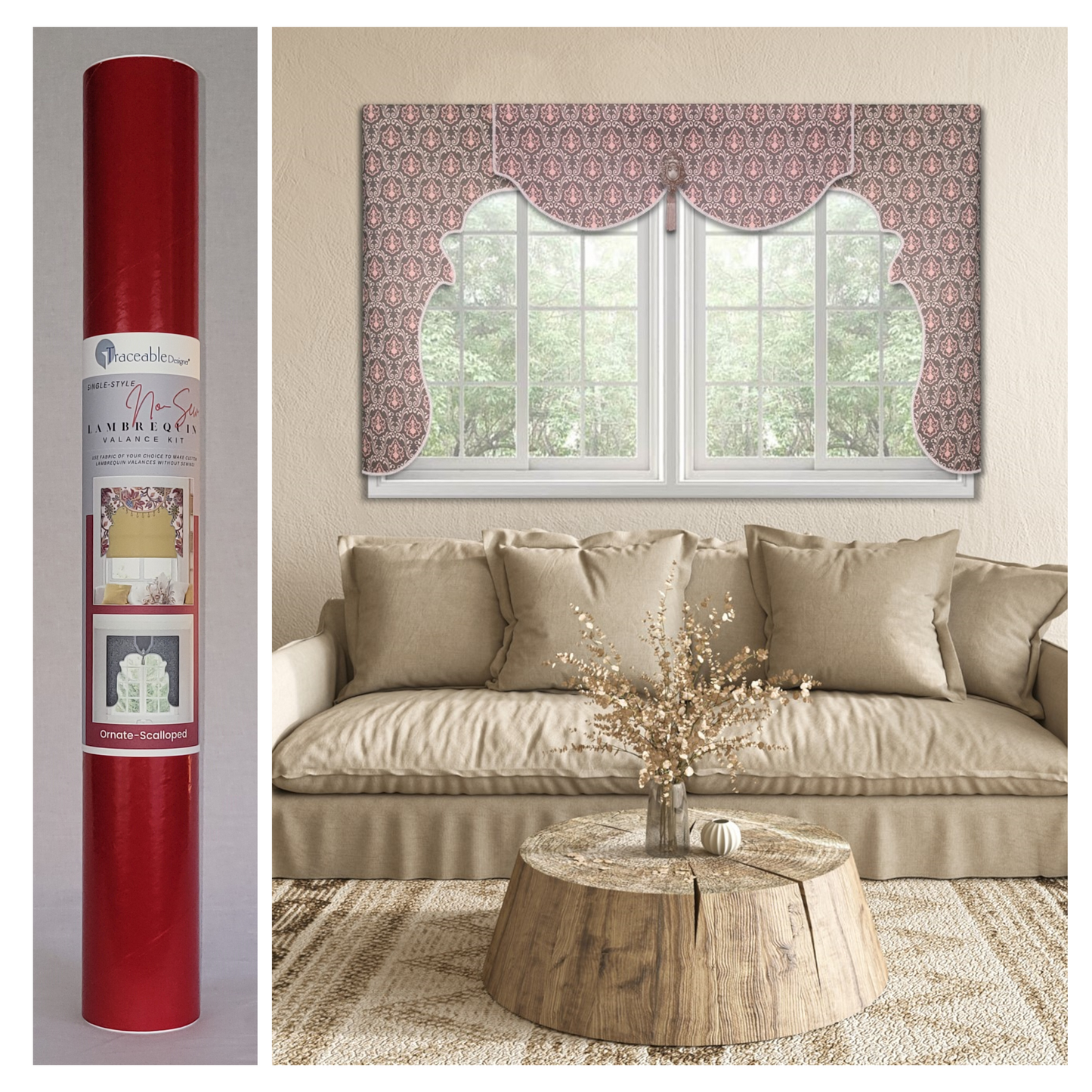 Traceable Designer no-sew scalloped lambrequin cornice valance kit. Make custom valances without sewing. Lined panels include a rod pocket for hanging on a curtain rod. Fit all window sizes and styles. Perfect for chic, elegant, & Mediterranean decor.
