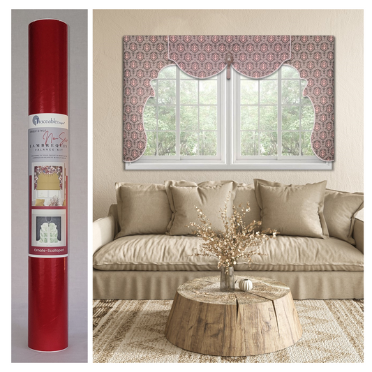 Traceable Designer no-sew scalloped lambrequin cornice valance kit. Make custom valances without sewing. Lined panels include a rod pocket for hanging on a curtain rod. Fit all window sizes and styles. Perfect for chic, elegant, & Mediterranean decor.
