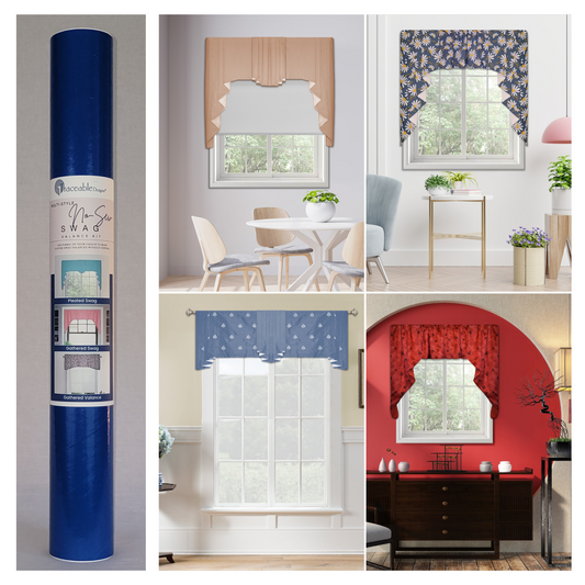 Traceable Designer no-sew pleated and gathered swag valance kit. Make custom long jabots styles, short curtains, and cornice valances without sewing. Lined panels include a rod pocket for hanging on a curtain rod. Fit all window sizes and styles. The ultimate sewing alternative. 