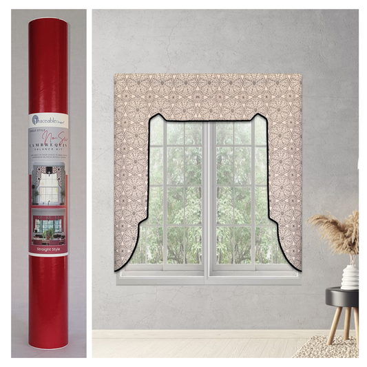 Traceable Designer straight no-sew rod pocket lambrequin valance kit. Lined Lambrequin cornice styles are great for room darkening. Traceable design forms are the perfect sewing alternative for DIY custom window treatments. Use a standard curtain rod. Fit all window sizes.

