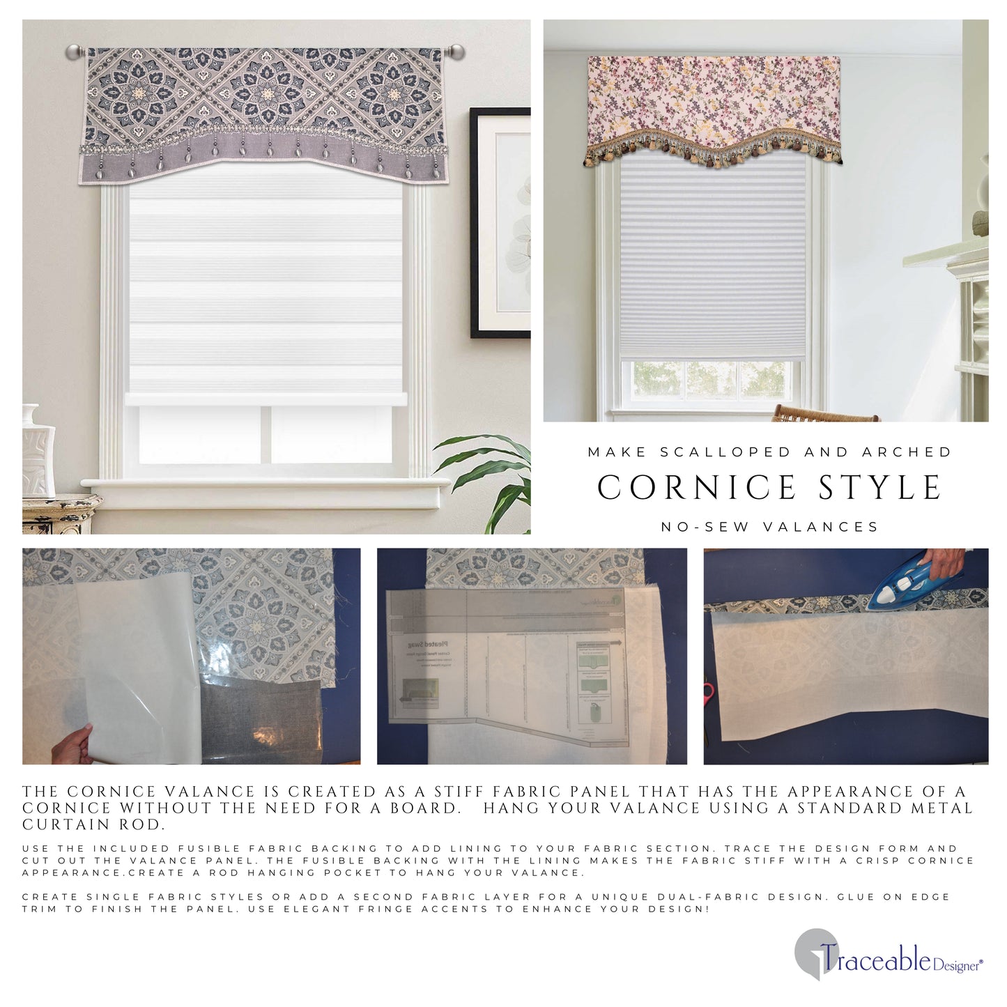 Traceable Designer No-Sew Curtain Valance Kit. Reusable Traceable Valance Design Form for Making Pleated, Gathered, and Cornice Valance Styles Without Sewing! Fit All Window Sizes. Use a 1" curtain Rod.