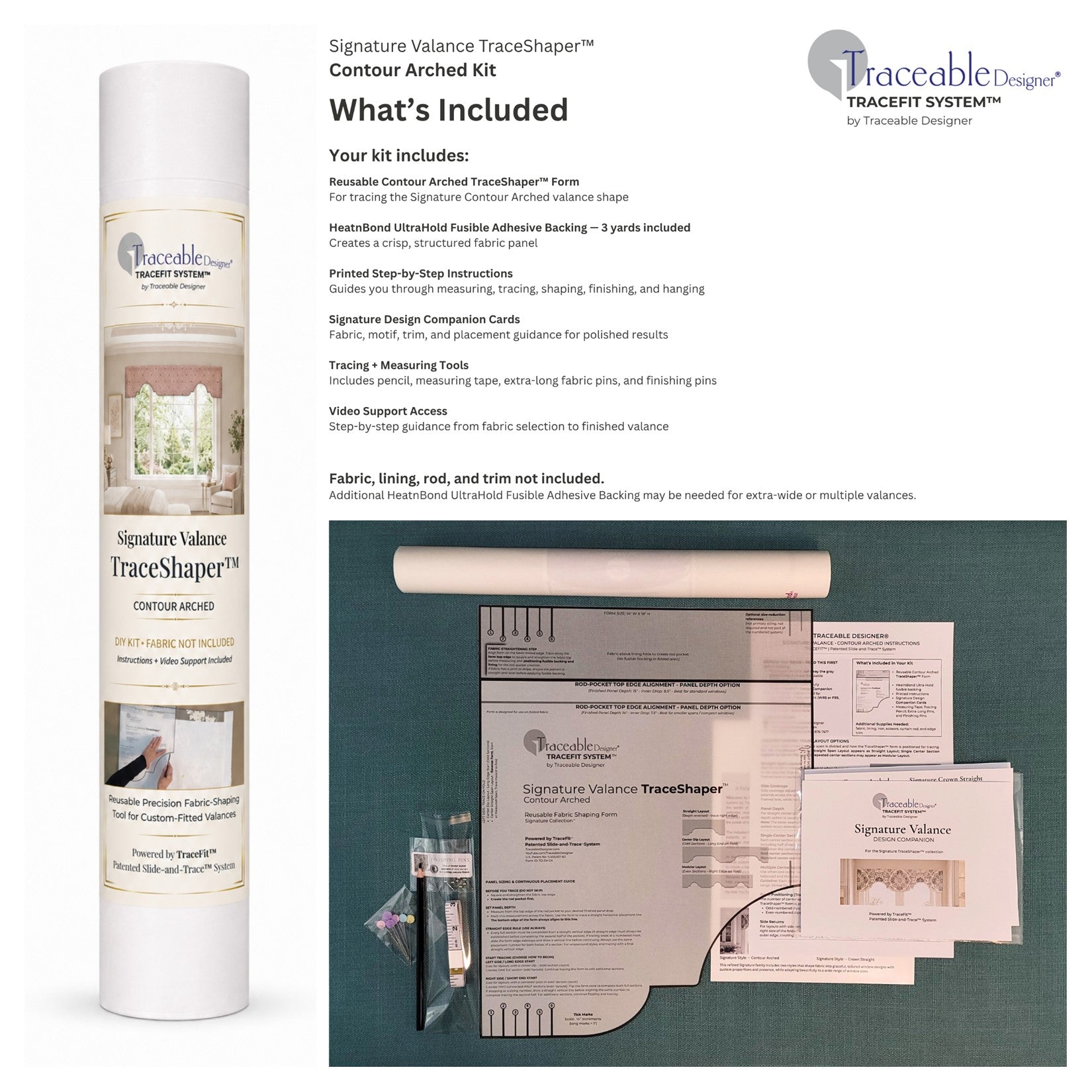 Signature Contour Arched Valance Kit contents showing reusable TraceShaper™ form, HeatnBond UltraHold, instructions, design companion cards, and included project tools.