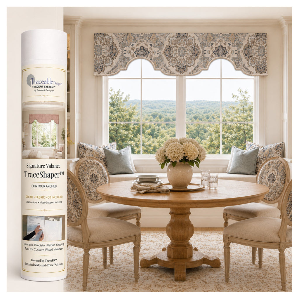 Signature Contour Arched TraceShaper™ Valance Kit shown with a no-sew custom arched fabric valance over a window.