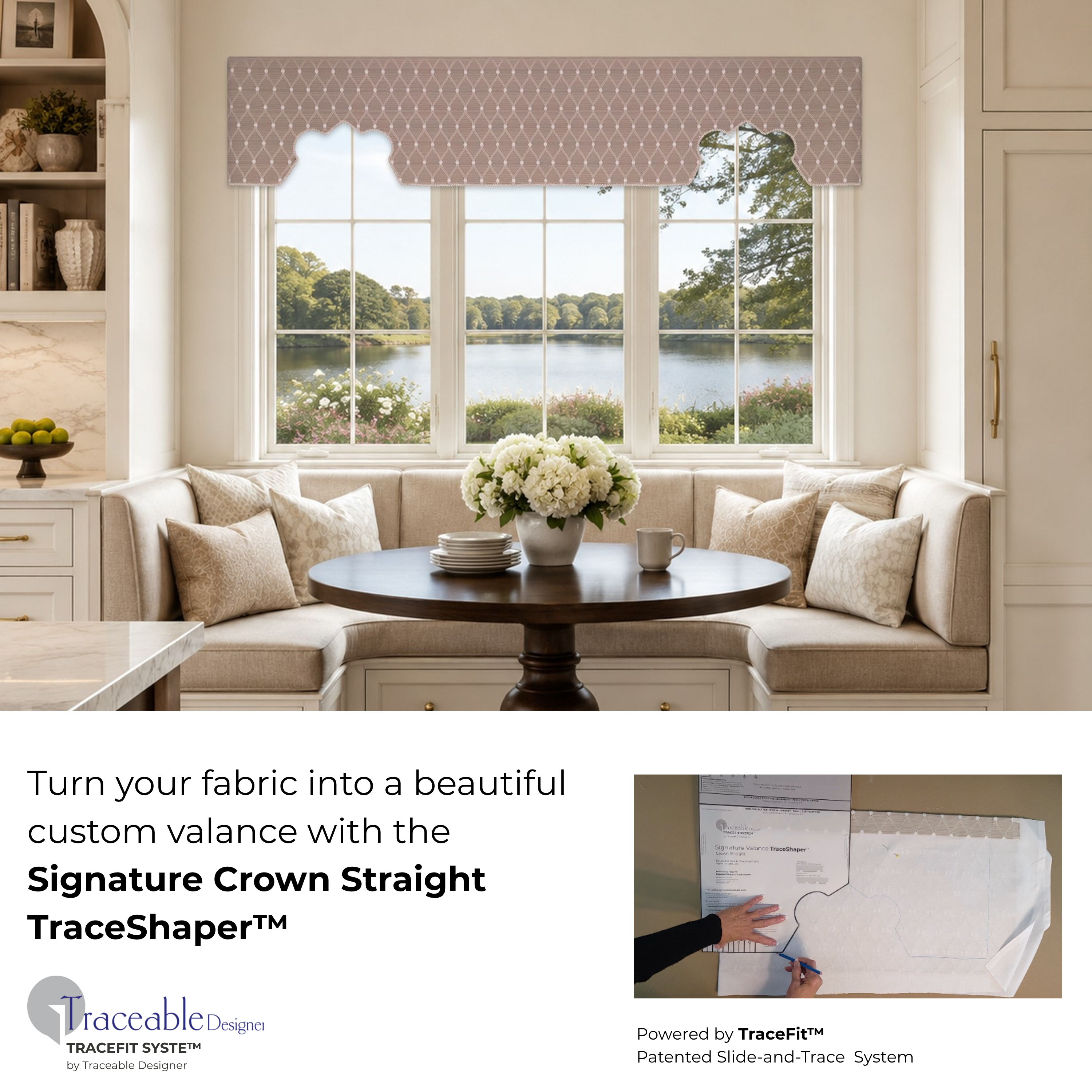 Custom crown-style valance made with the Signature Crown Straight TraceShaper™ form using the customer’s selected fabric.