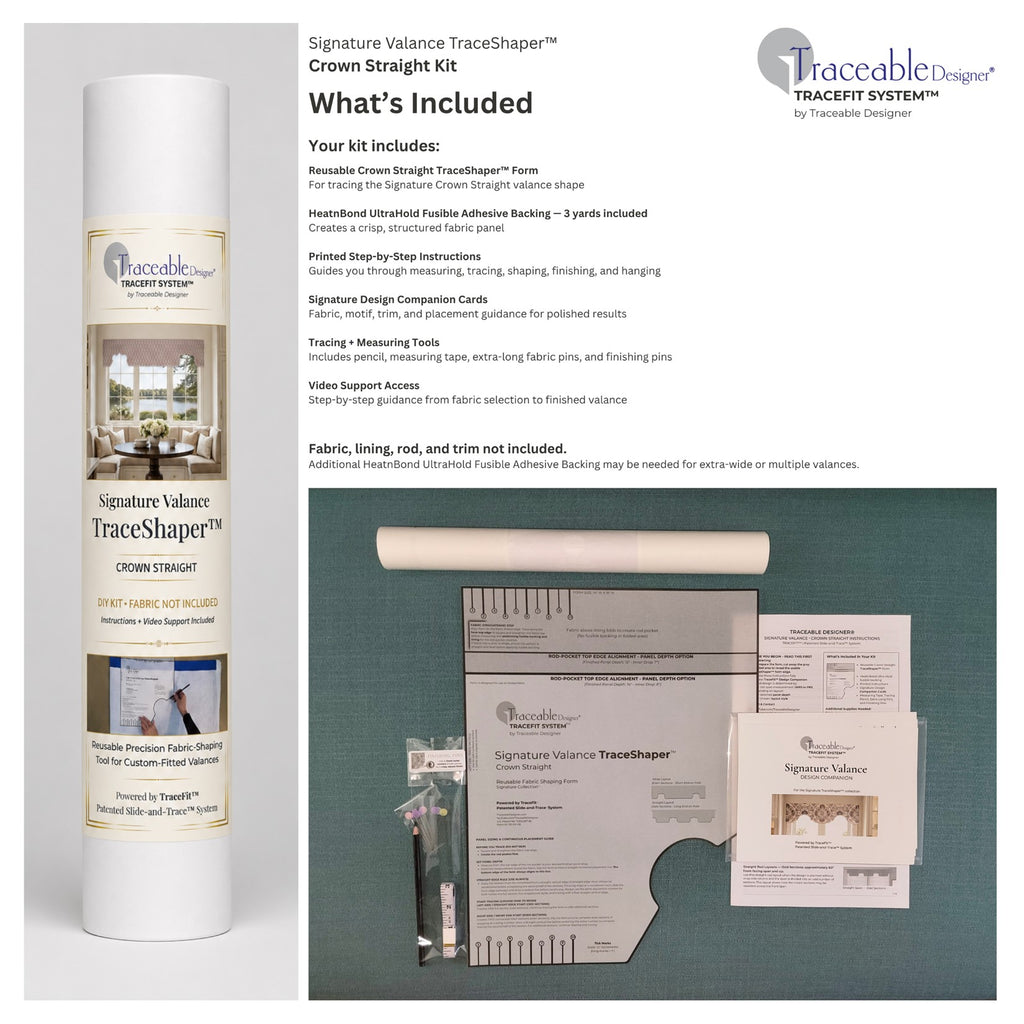 Signature Crown Straight Valance Kit contents showing reusable TraceShaper™ form, HeatnBond UltraHold, instructions, design companion cards, and included project tools.