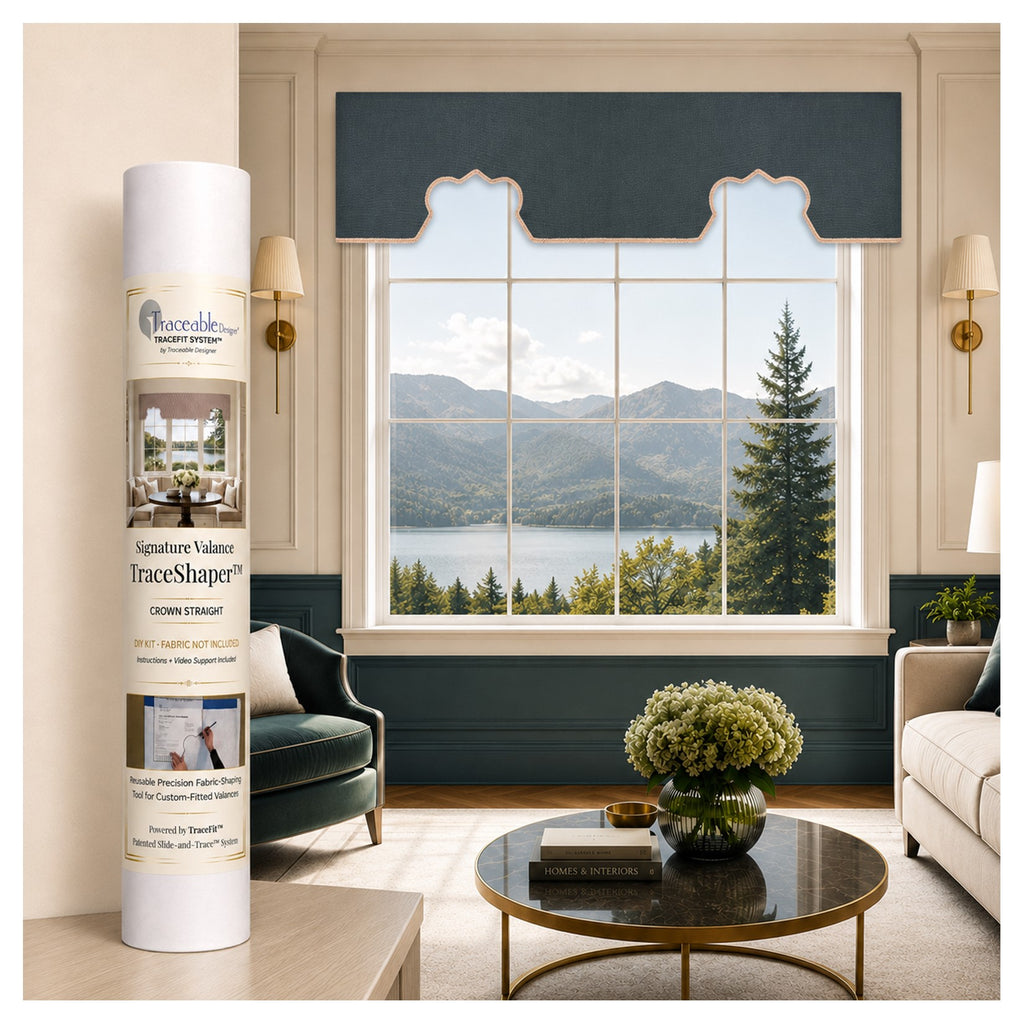 Signature Crown Straight TraceShaper™ Valance Kit shown with a no-sew custom crown-style fabric valance over a window.