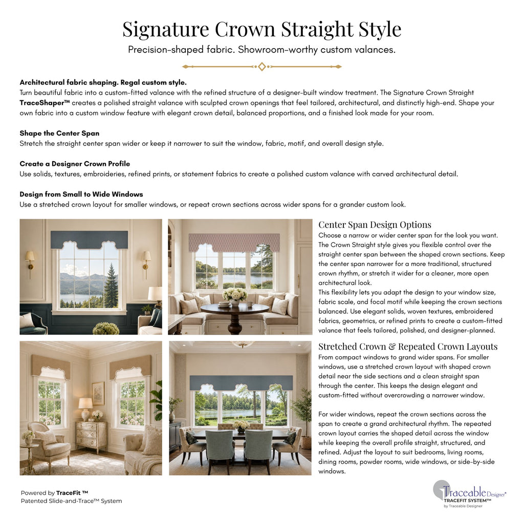 Signature Crown Straight valance style options showing centered crown details, repeated crown sections, and custom-fitted no-sew fabric shaping possibilities.