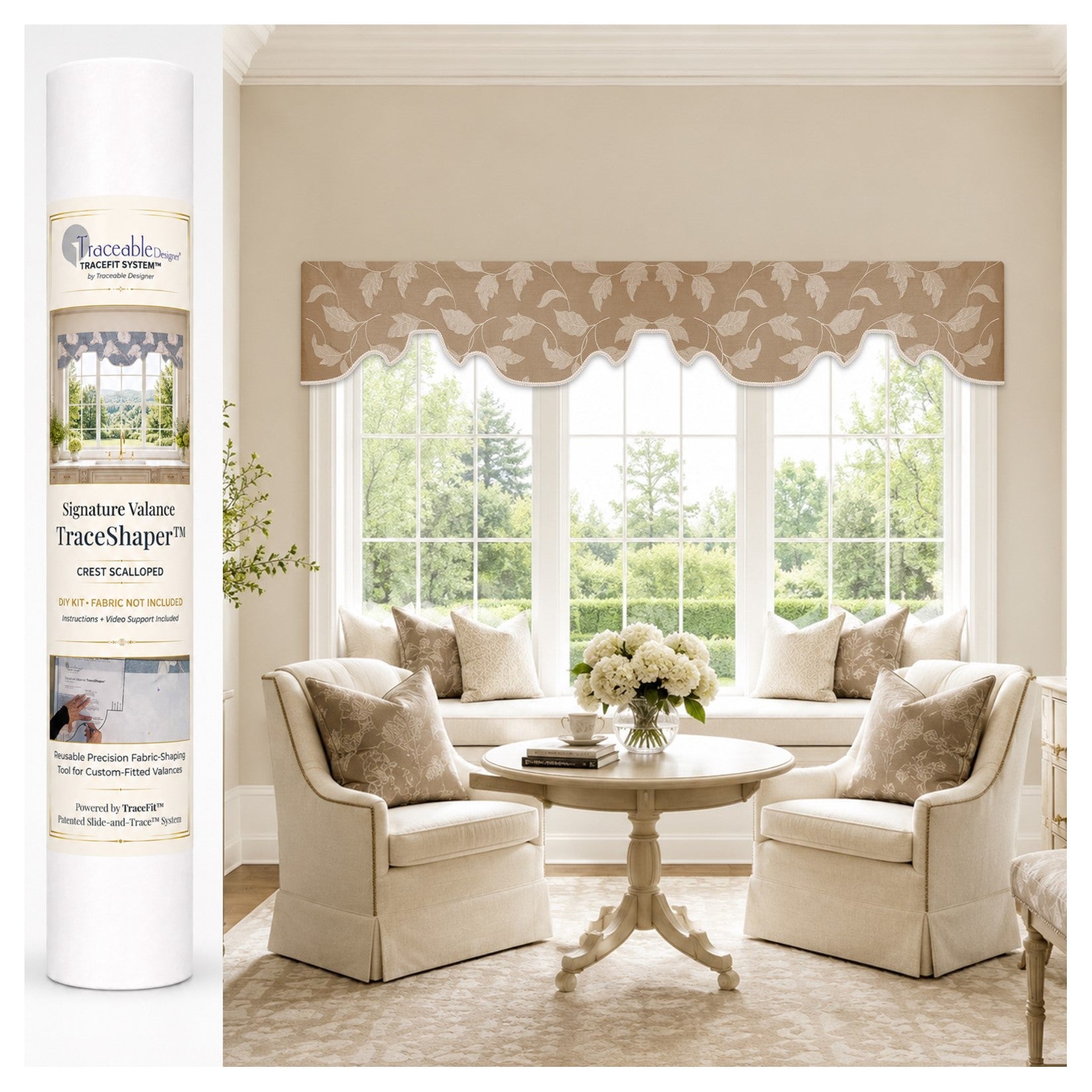 Signature Crest Scalloped TraceShaper™ Valance Kit shown with a no-sew custom scalloped fabric valance over a kitchen window.
