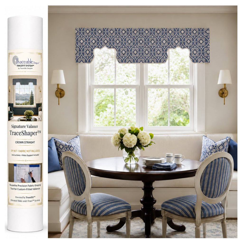 Signature Crown Straight TraceShaper™ Valance Kit shown with a no-sew custom crown-style fabric valance over a window.