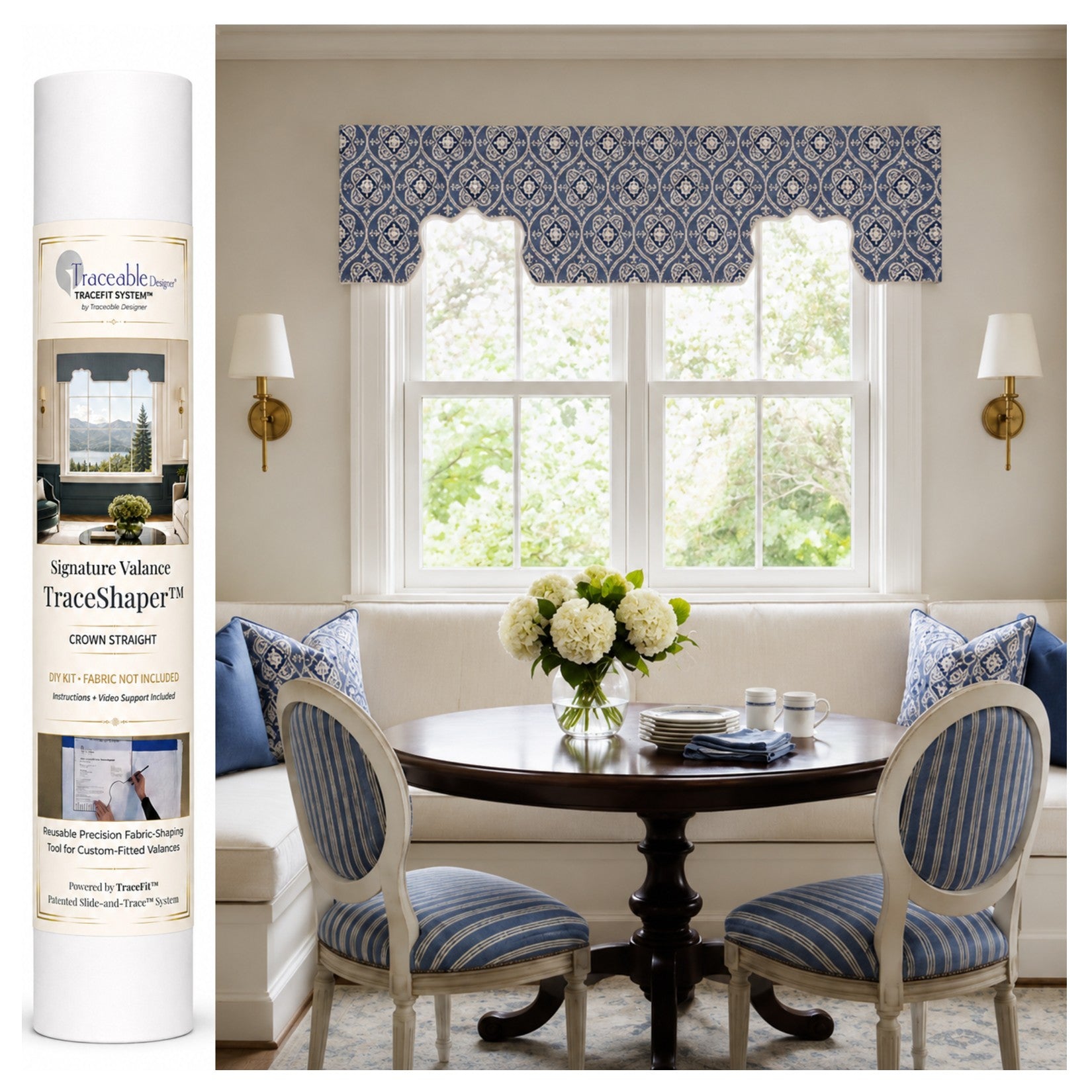 Signature Crown Straight TraceShaper™ Valance Kit shown with a no-sew custom crown-style fabric valance over a window.
