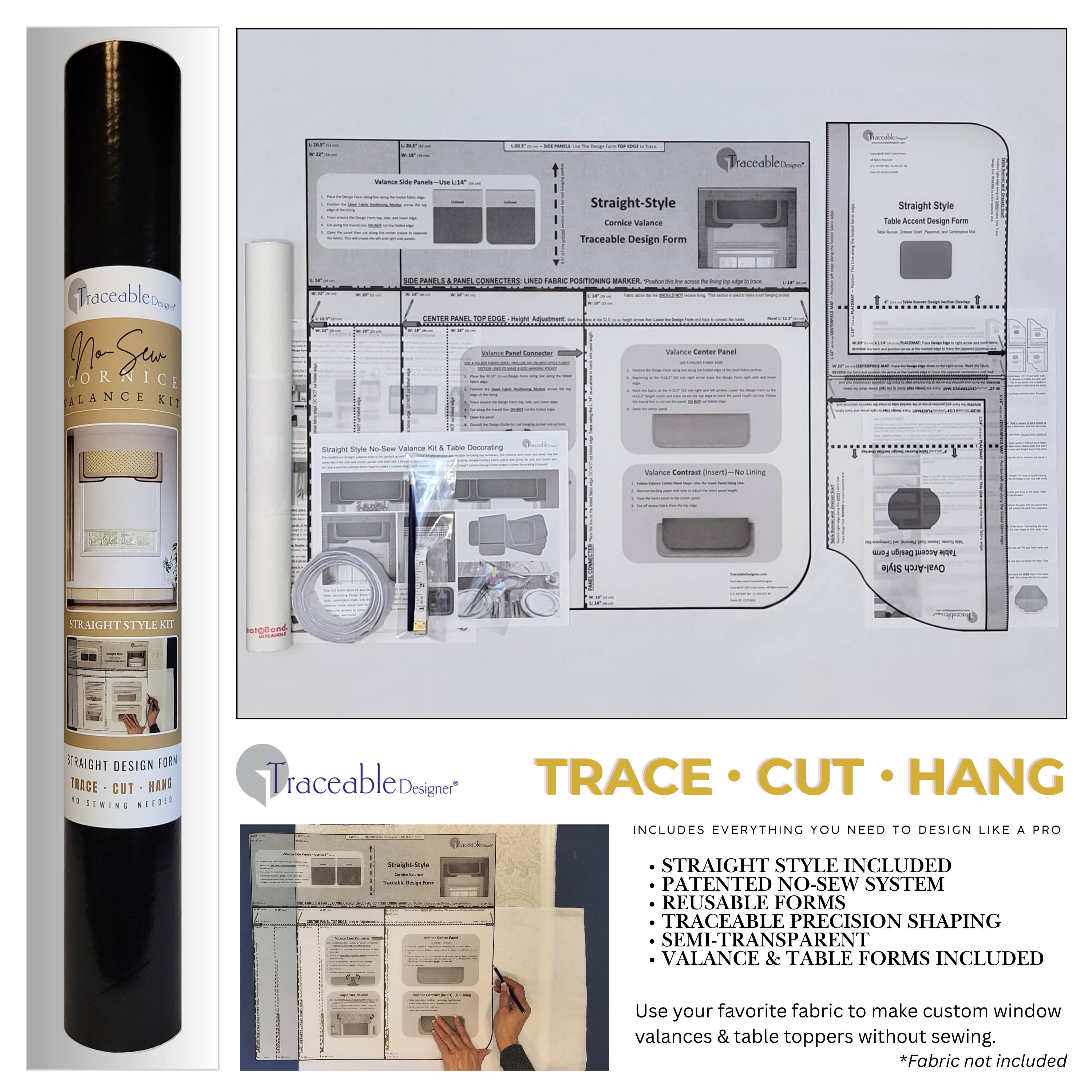 Traceable Designer straight no-sew cornice valance valance kit. Patented traceable form for precision shaping without sewing. Traceable design forms are the perfect sewing alternative for DIY projects. Use a standard curtain rod. Fit all window sizes.