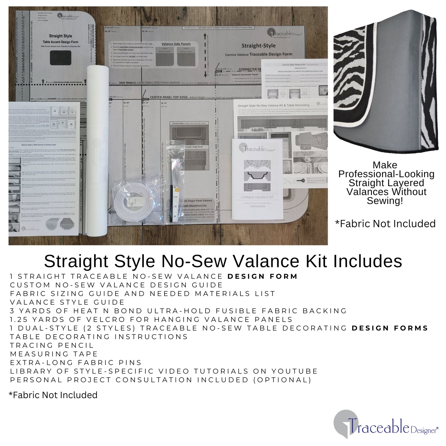 Traceable Designer straight style no-sew valance kit. Make rod pocket curtains for any room decor. No-sew design forms are the perfect sewing alternative for DIY window projects. Use a standard curtain rod no wood board or Styrofoam base needed.
