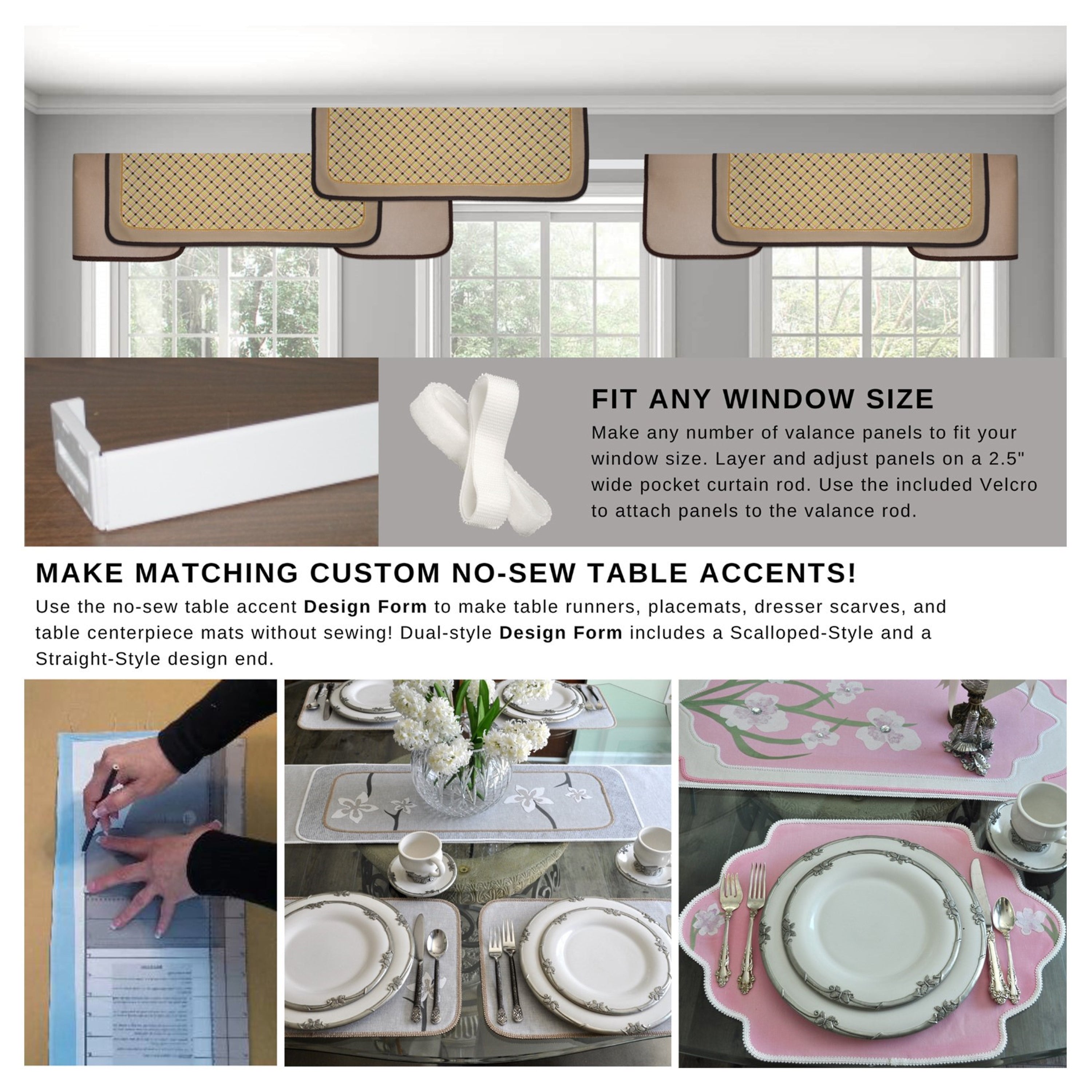 Traceable Designer No-Sew Straight and Layered-Style Cornice Valance & Table Decorating Kit for DIY Home Decorating