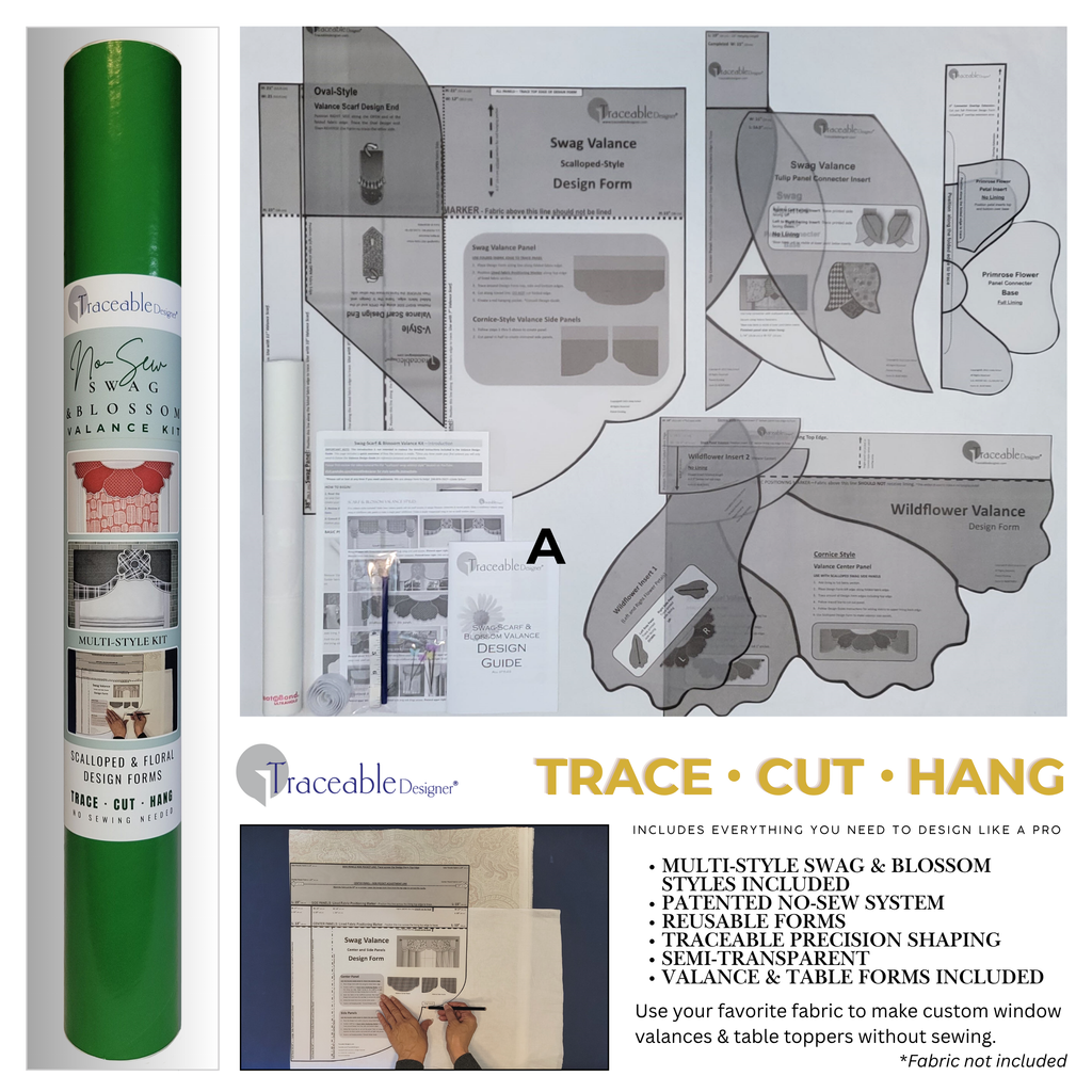 Make unique flower valances, swag scarf curtains, and cornice style window treatments without using a sewing machine! Traceable Designer swag, scarf, and blossom valance kit includes traceable valance design forms to help you transform any fabric into professional-looking custom valances without sewing. Hang valances using standard curtain rods. 