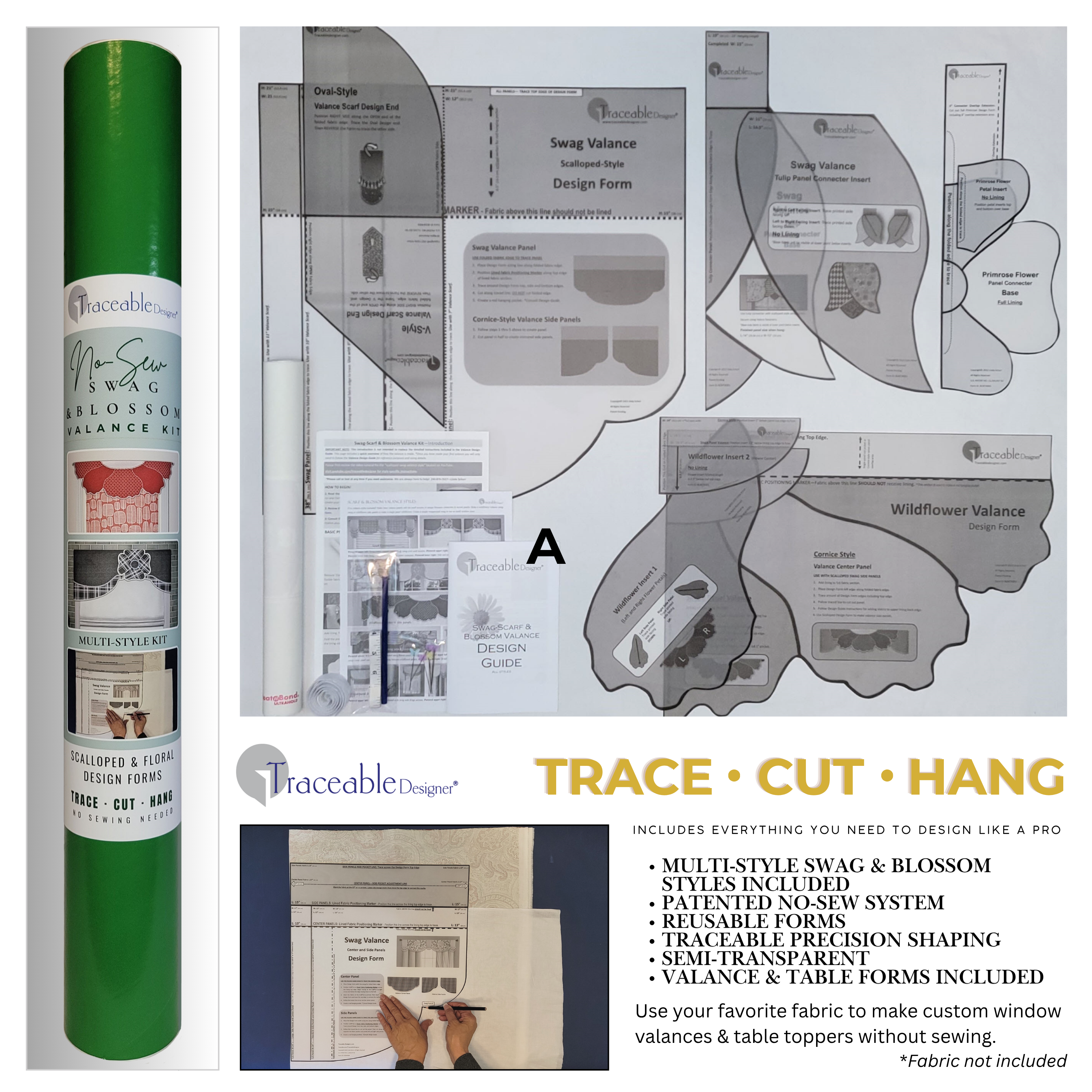 Make unique flower valances, swag scarf curtains, and cornice style window treatments without using a sewing machine! Traceable Designer swag, scarf, and blossom valance kit includes traceable valance design forms to help you transform any fabric into professional-looking custom valances without sewing. Hang valances using standard curtain rods. 