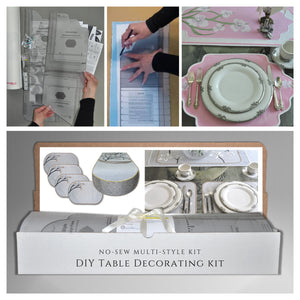 Traceable Designer DIY multi-style table decorating kit, make no-sew table runners, placemats and dresser scarves by simply tracing around the design form edges! Designed by Linda Schurr
