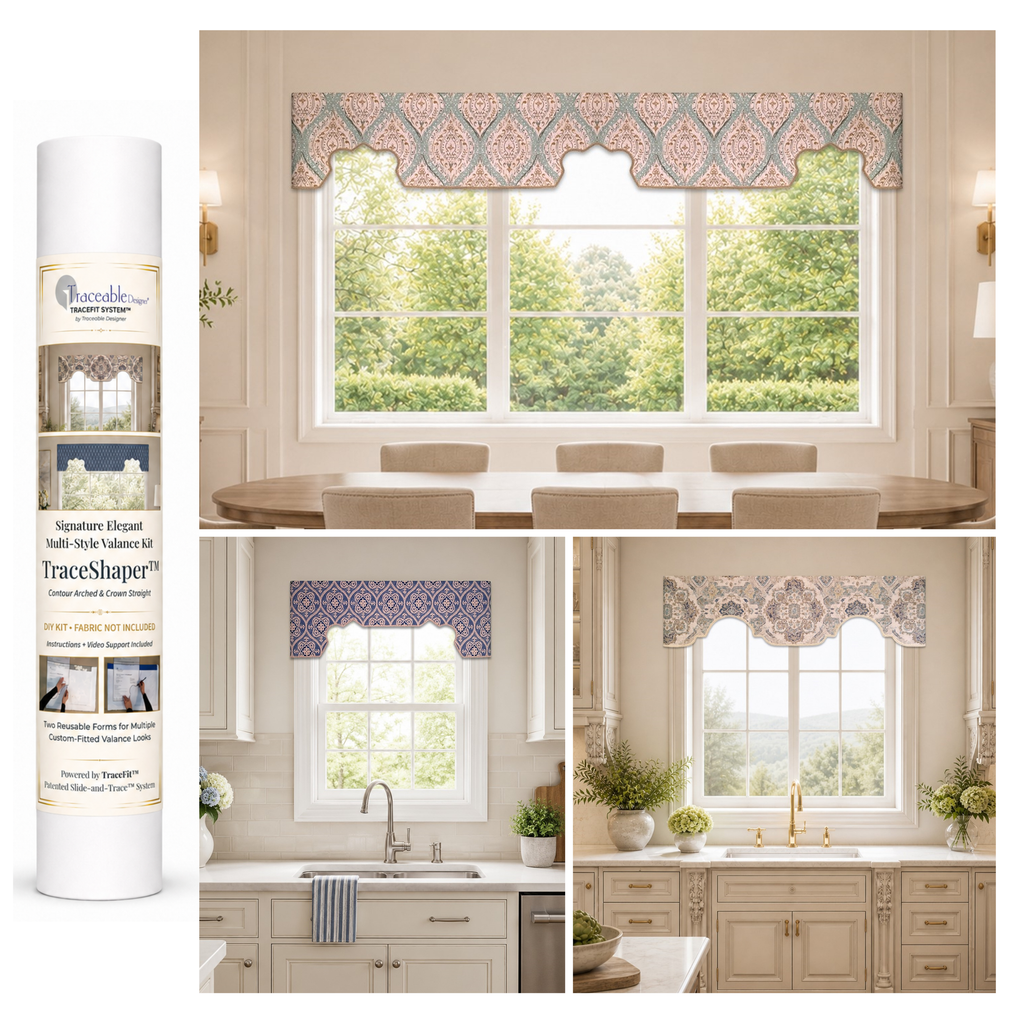 Signature Elegant Crown and Arched no-sew window valance kit by Traceable Designer, showing reusable TraceShaper forms with refined cornice-inspired valance styles in dining and kitchen room scenes.