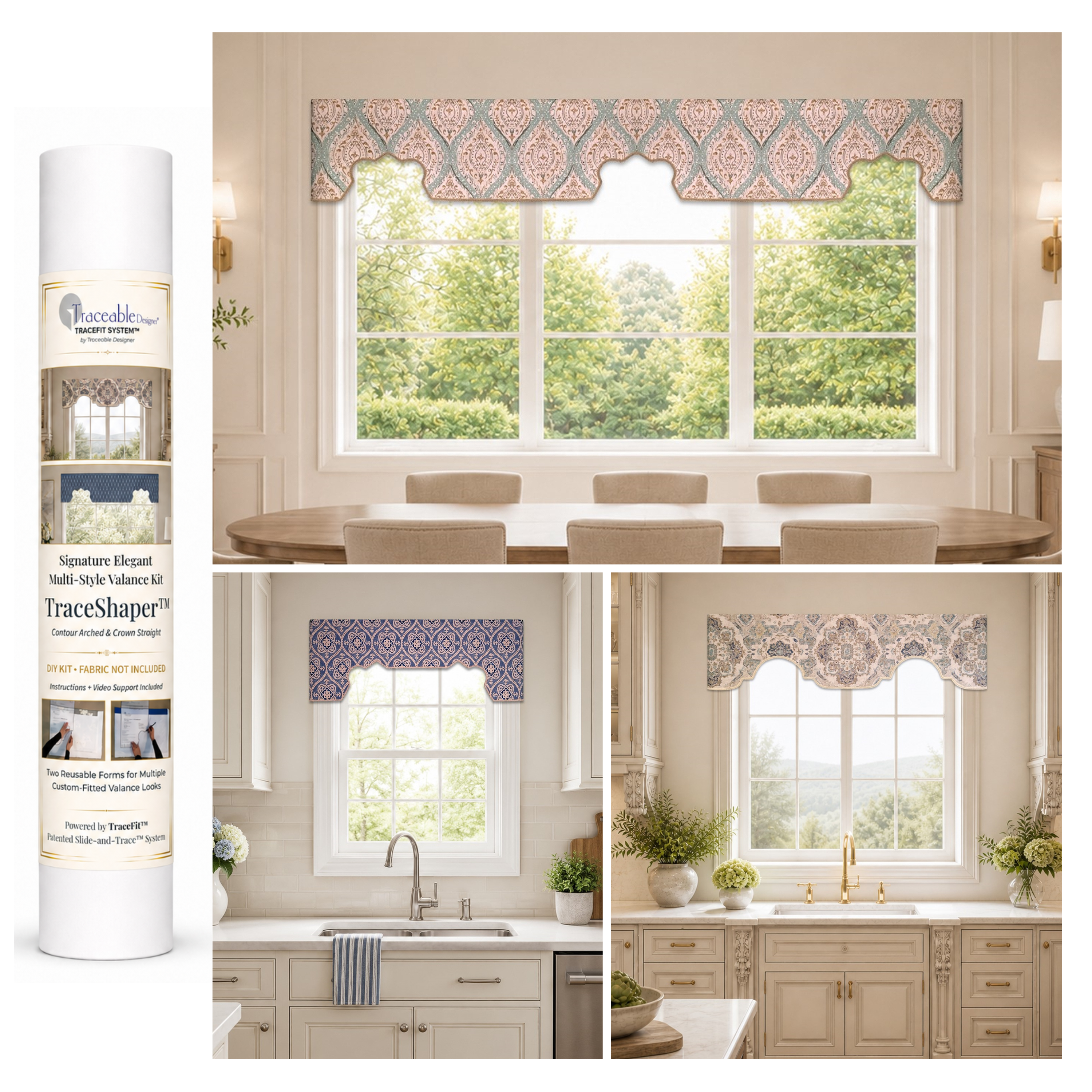 Signature Elegant Crown and Arched no-sew window valance kit by Traceable Designer, showing reusable TraceShaper forms with refined cornice-inspired valance styles in dining and kitchen room scenes.