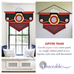 Boys train valance. No-sew red, black, and yellow Jupiter train fabric craft kit. Fit window sizes 34" to 54" wide. Use as a valance or tapestry-style train wall decoration.