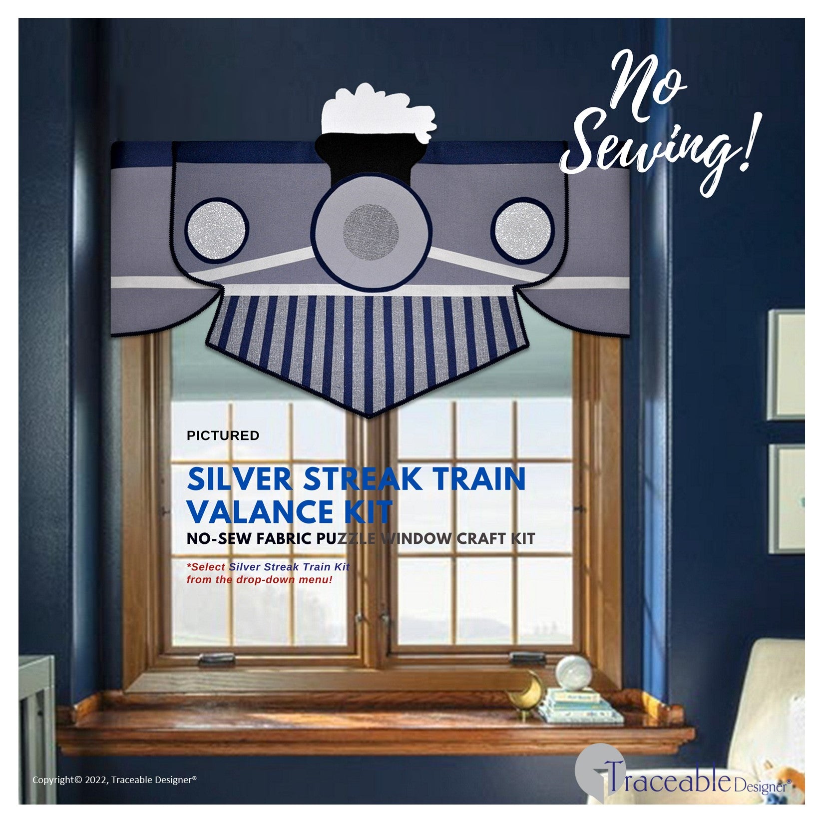 Traceable Designer no-sew boys train valance fabric craft kit for windows. Select from Silver Streak, Liberty Bell and Jupiter train valance styles.