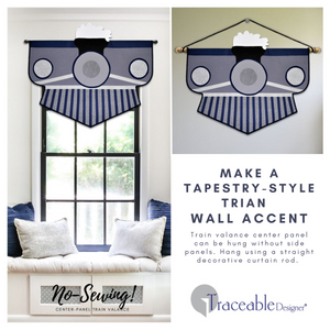 Make an adorable custom boys train valance without sewing! Fabric craft it includes everything you need to assemble and hang your keepsake train. Use train as a window treatment or train wall decoration.
