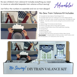 Make an adorable custom boys train valance without sewing! Fabric craft it includes everything you need to assemble and hang your keepsake train.