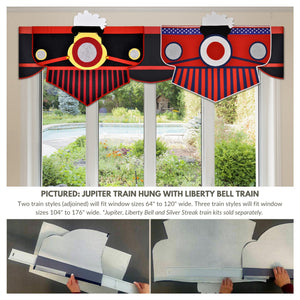 Boys train valance. No-sew red, black, and yellow Jupiter train fabric craft kit. Fit window sizes 34" to 54" wide. Link 2 train styles together to fit window sizes up to 120". Hang using a 2.5" metal curtain rod.