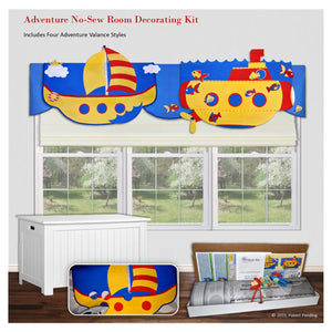 Children's 3D window decorations, unique adventure valances, airplane, rocket, sailboat and submarine, DIY no sewing.  Designed by Linda Schurr