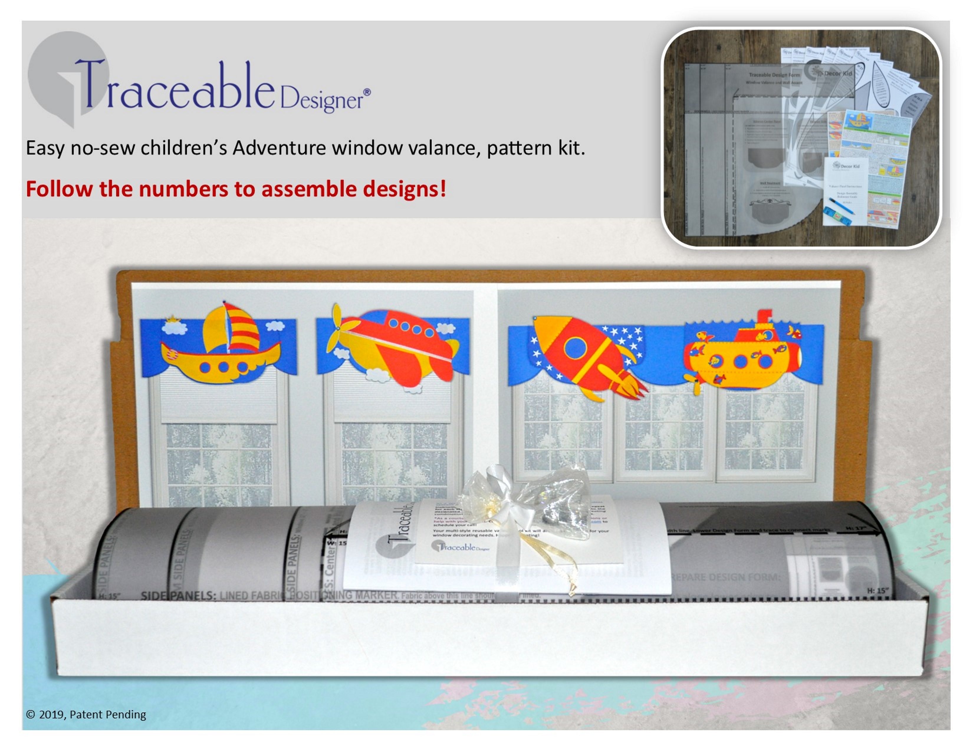 Unique boys 3D adventure valance kit, DIY no sewing, kit includes submarine, rocket, sailboat and airplane window treatment styles.  Designed by Linda Schurr