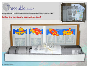 Unique boys 3D adventure valance kit, DIY no sewing, kit includes submarine, rocket, sailboat and airplane window treatment styles.  Designed by Linda Schurr