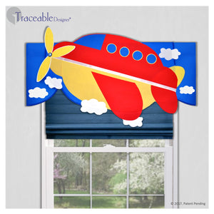 Unique boys 3D airplane valance, DIY no sewing, kit also includes submarine, rocket and sailboat window treatment styles.  Designed by Linda Schurr